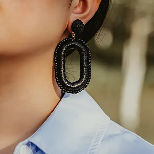 Beaded Raffia Earrings Statement Boho Earrings Cute Seed Bead Earrings Square Drop Dangle Earrings Summer Jewelry for Women(Black)