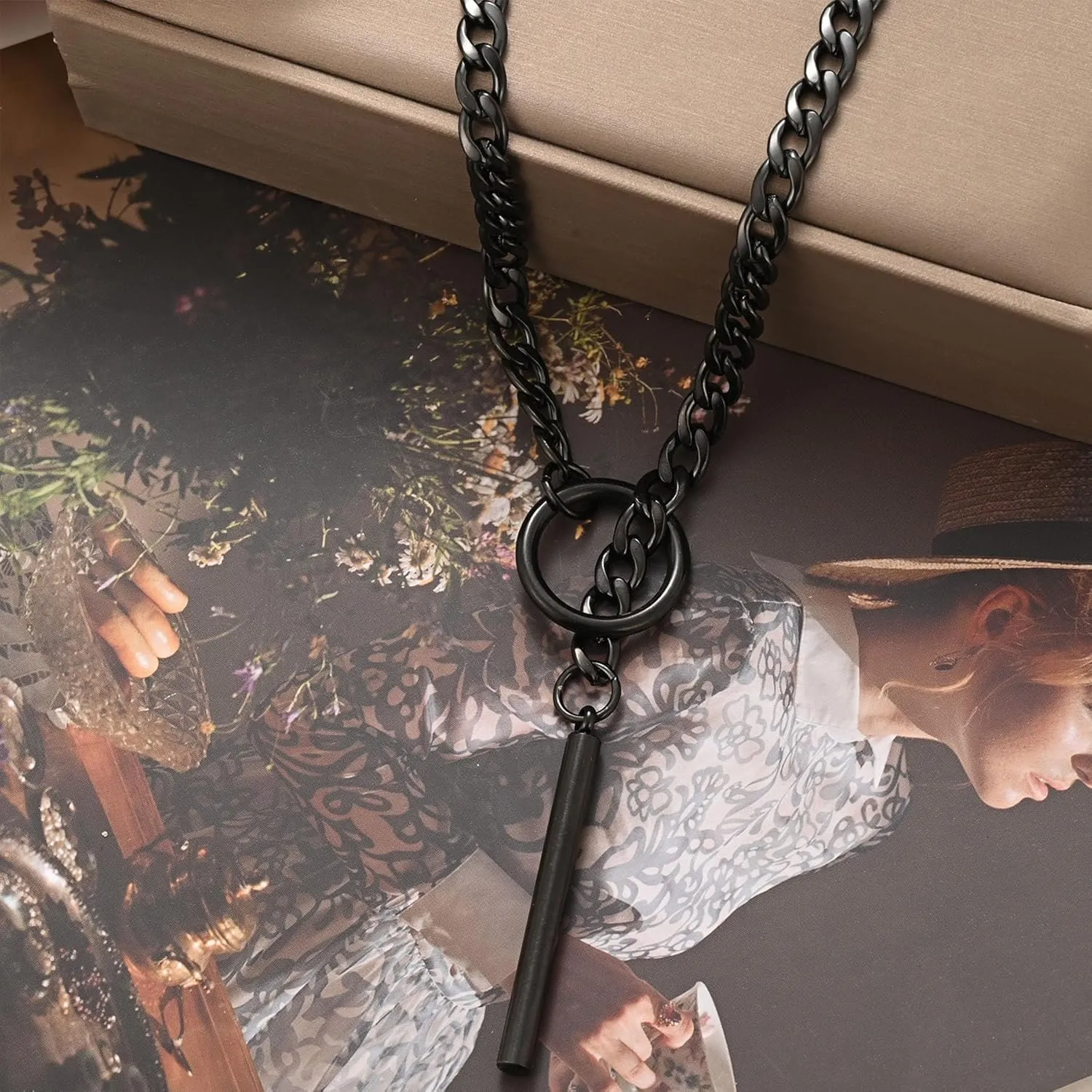 Heart O ring Slip Chain Necklaces for Women Stainless Steel Cuban Chain Bar Necklace Punk Rock Collar Necklace Handmade Adjustable Lariat Y Necklaces for Men