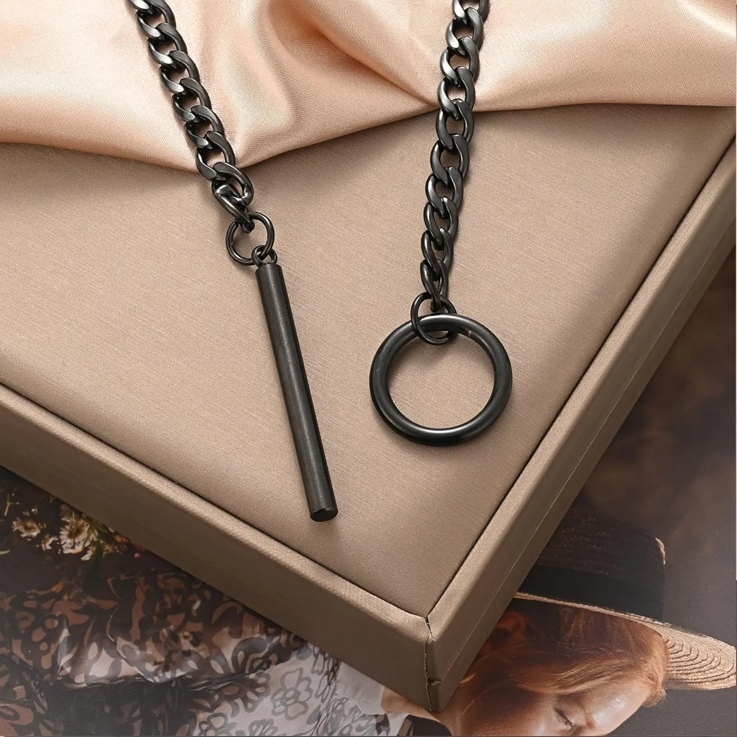 Heart O ring Slip Chain Necklaces for Women Stainless Steel Cuban Chain Bar Necklace Punk Rock Collar Necklace Handmade Adjustable Lariat Y Necklaces for Men
