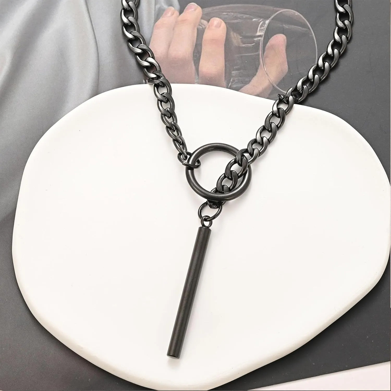 Heart O ring Slip Chain Necklaces for Women Stainless Steel Cuban Chain Bar Necklace Punk Rock Collar Necklace Handmade Adjustable Lariat Y Necklaces for Men