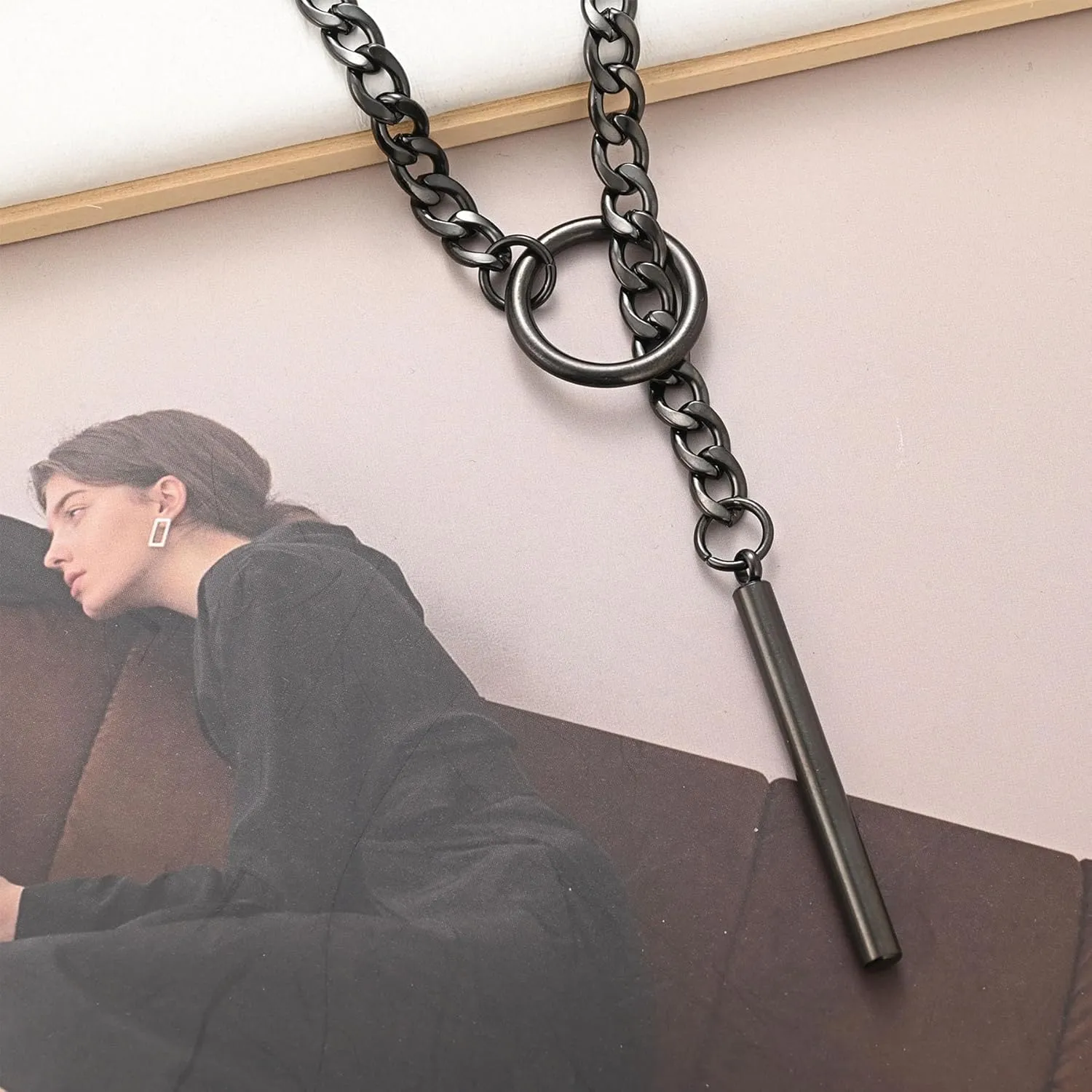 Heart O ring Slip Chain Necklaces for Women Stainless Steel Cuban Chain Bar Necklace Punk Rock Collar Necklace Handmade Adjustable Lariat Y Necklaces for Men
