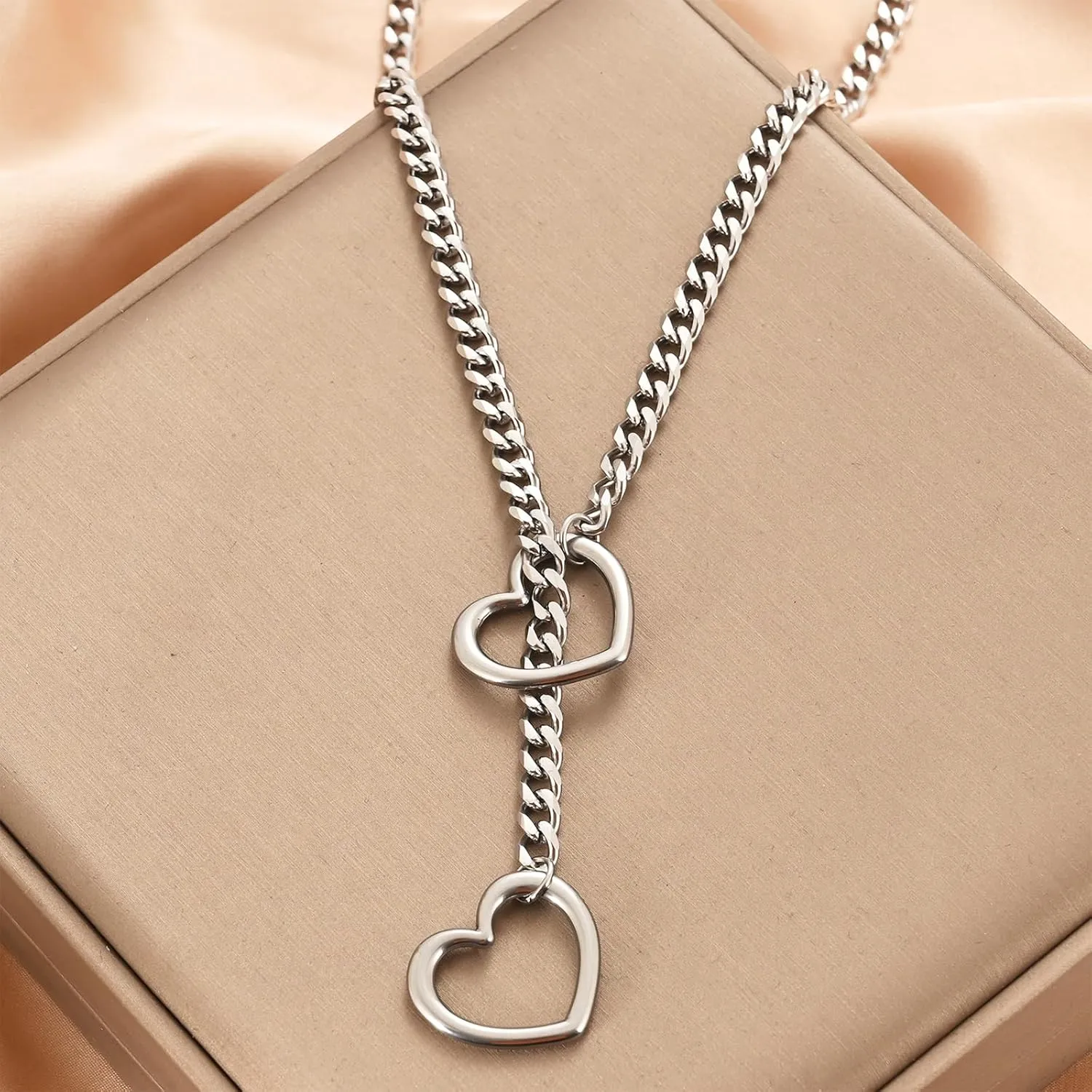 Heart O ring Slip Chain Necklaces for Women Stainless Steel Cuban Chain Bar Necklace Punk Rock Collar Necklace Handmade Adjustable Lariat Y Necklaces for Men
