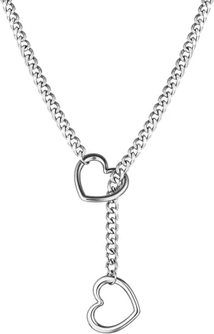 Heart O ring Slip Chain Necklaces for Women Stainless Steel Cuban Chain Bar Necklace Punk Rock Collar Necklace Handmade Adjustable Lariat Y Necklaces for Men