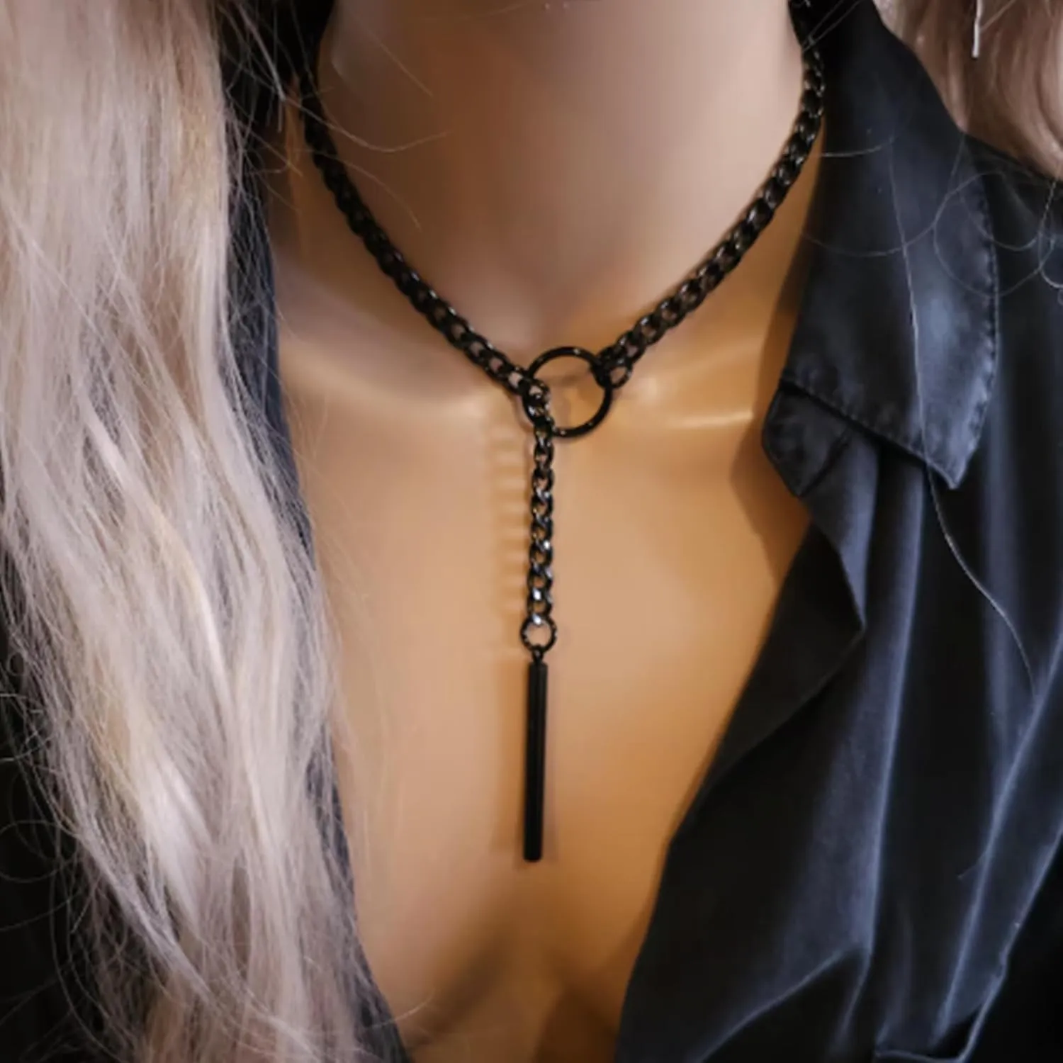 Heart O ring Slip Chain Necklaces for Women Stainless Steel Cuban Chain Bar Necklace Punk Rock Collar Necklace Handmade Adjustable Lariat Y Necklaces for Men