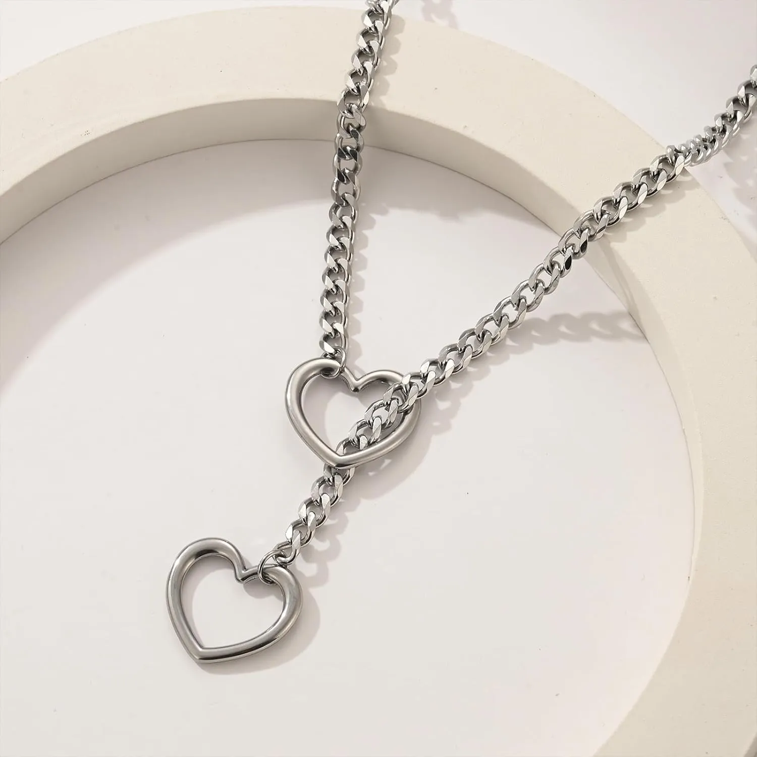 Heart O ring Slip Chain Necklaces for Women Stainless Steel Cuban Chain Bar Necklace Punk Rock Collar Necklace Handmade Adjustable Lariat Y Necklaces for Men