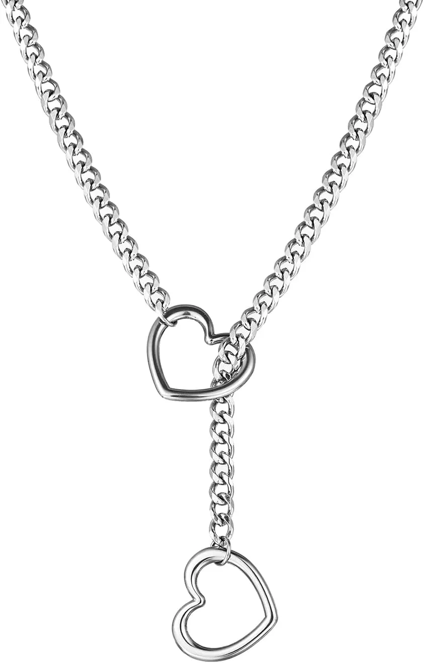 Heart O ring Slip Chain Necklaces for Women Stainless Steel Cuban Chain Bar Necklace Punk Rock Collar Necklace Handmade Adjustable Lariat Y Necklaces for Men