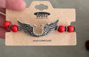 Horseshoe Angel Wing Red Bead Stretch Bracelet