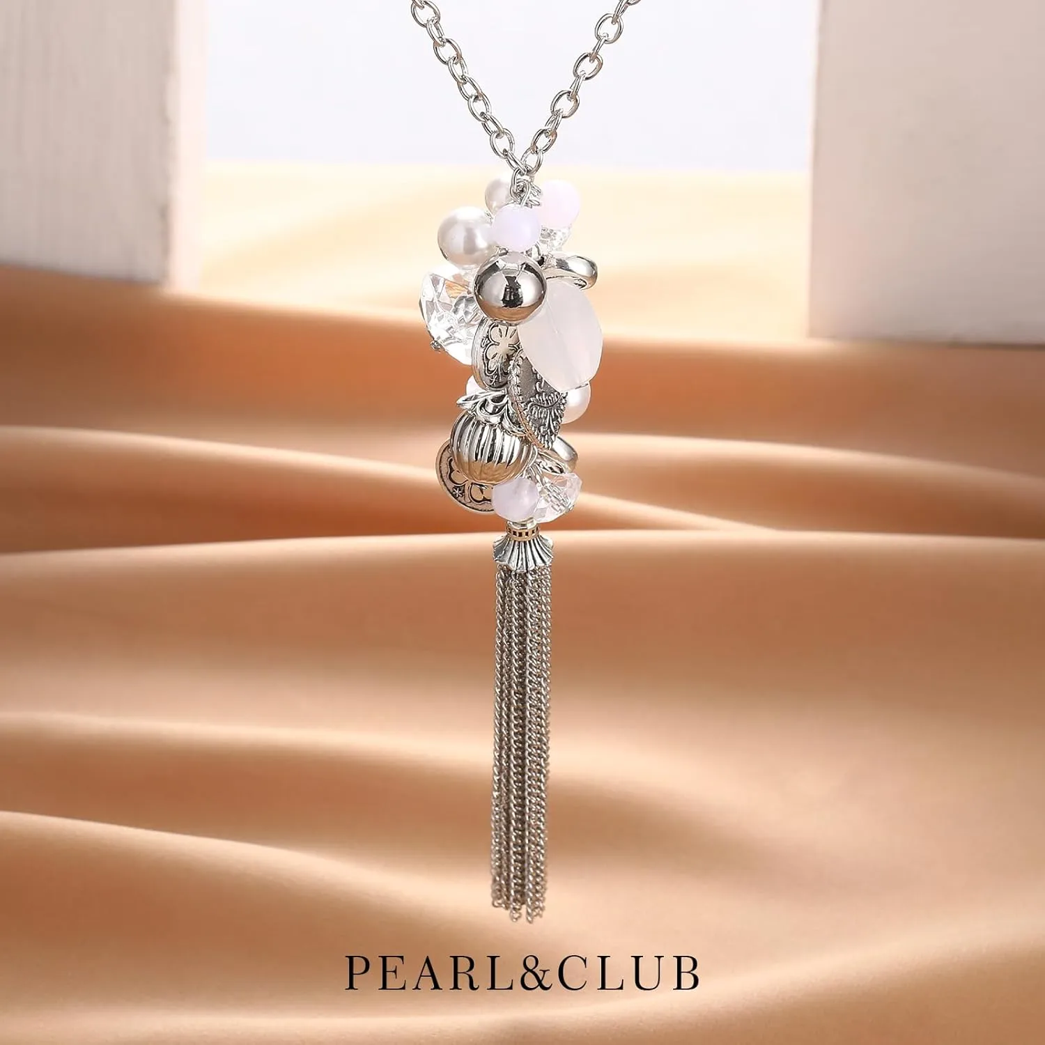 PEARL&CLUB Silver Long Tassel Necklaces for Women Boho Chain Necklace with Tassel Beaded Pendant Silver Fashion Jewelry Gifts for Women