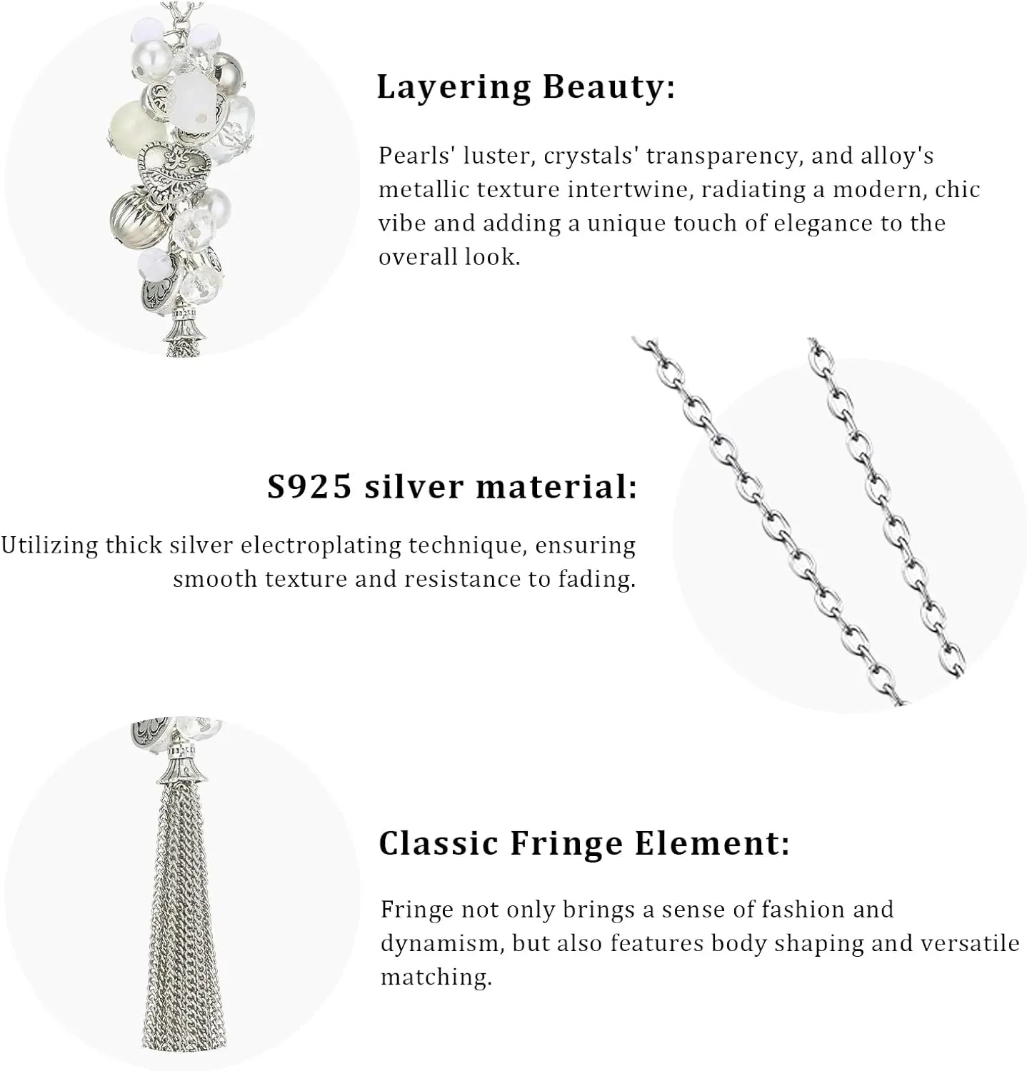 PEARL&CLUB Silver Long Tassel Necklaces for Women Boho Chain Necklace with Tassel Beaded Pendant Silver Fashion Jewelry Gifts for Women