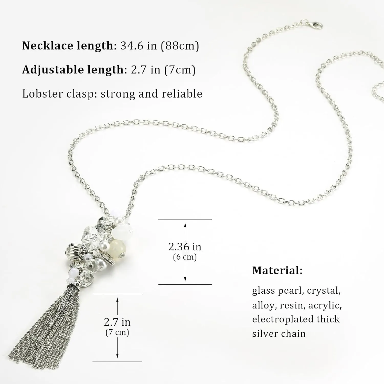 PEARL&CLUB Silver Long Tassel Necklaces for Women Boho Chain Necklace with Tassel Beaded Pendant Silver Fashion Jewelry Gifts for Women
