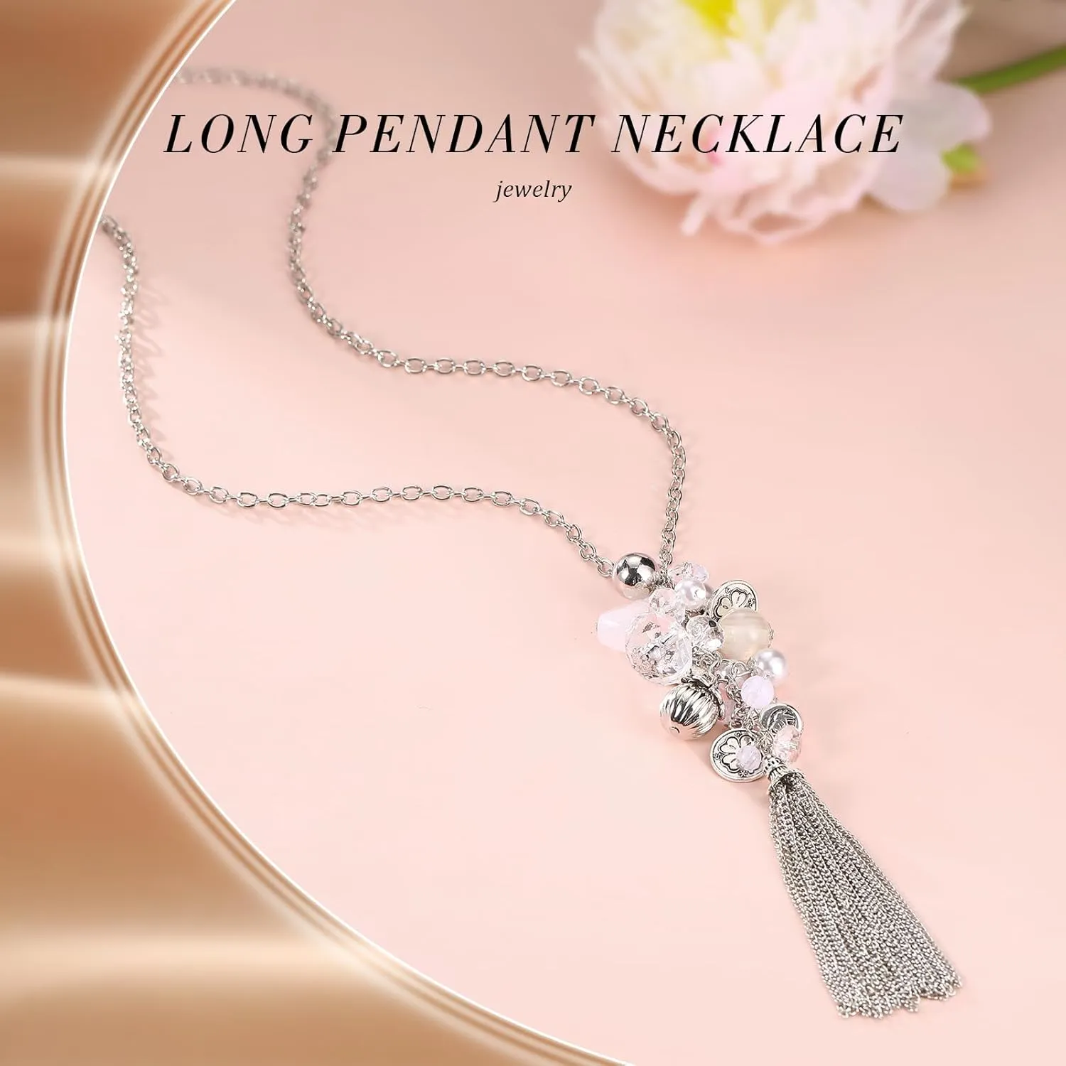 PEARL&CLUB Silver Long Tassel Necklaces for Women Boho Chain Necklace with Tassel Beaded Pendant Silver Fashion Jewelry Gifts for Women