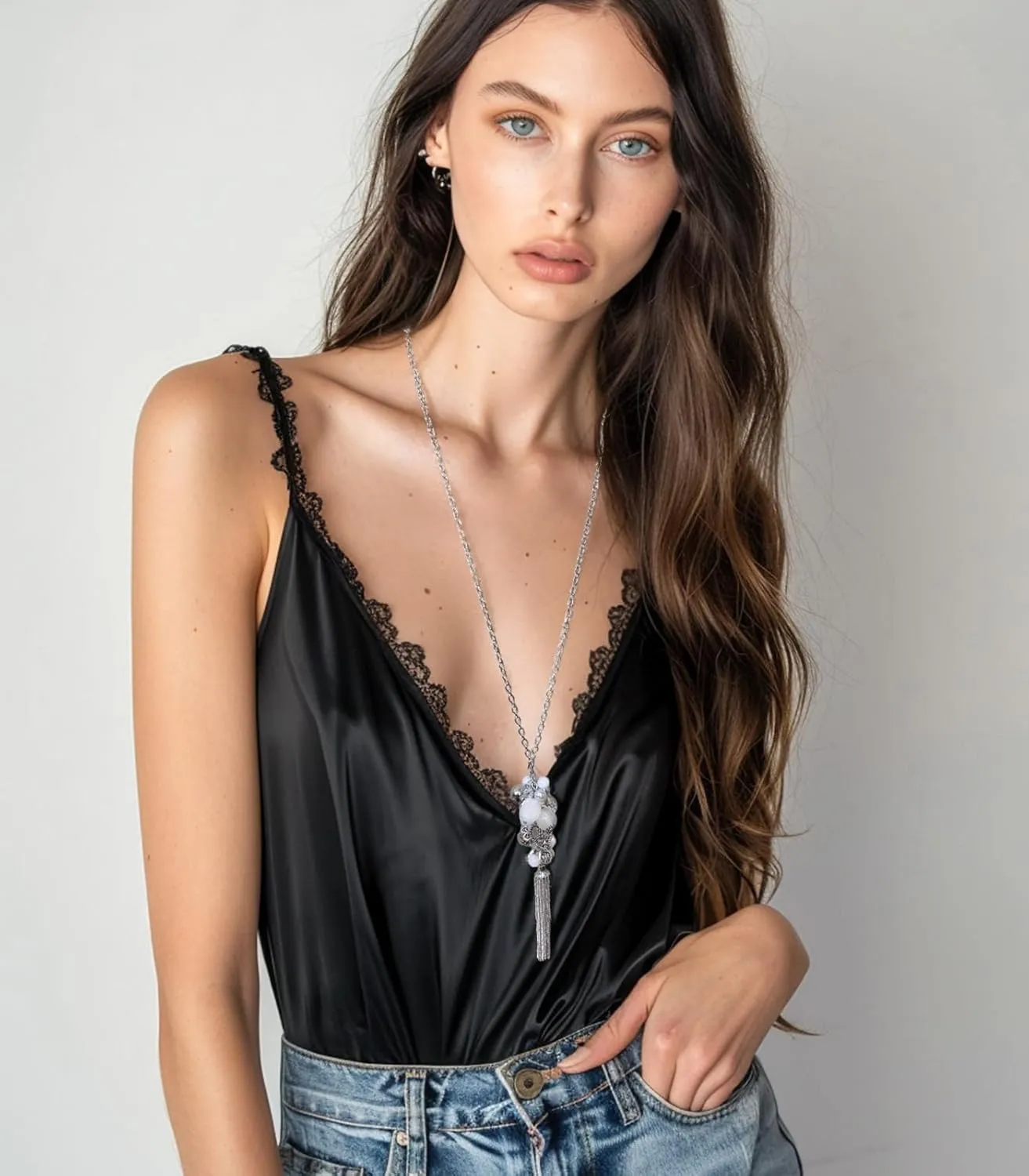 PEARL&CLUB Silver Long Tassel Necklaces for Women Boho Chain Necklace with Tassel Beaded Pendant Silver Fashion Jewelry Gifts for Women