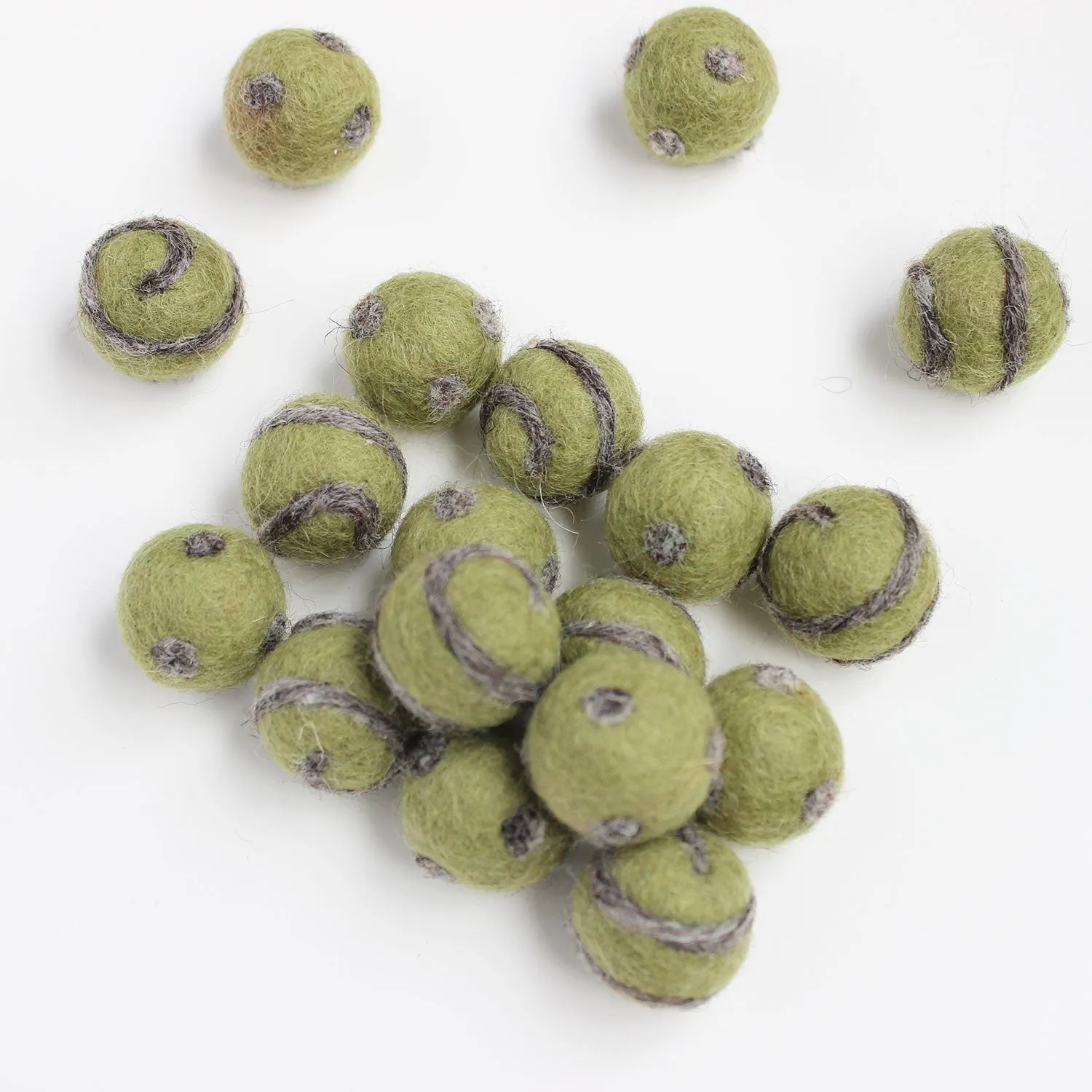 Polka Dot Swirl Felt Balls Natural Grey On Olive Green
