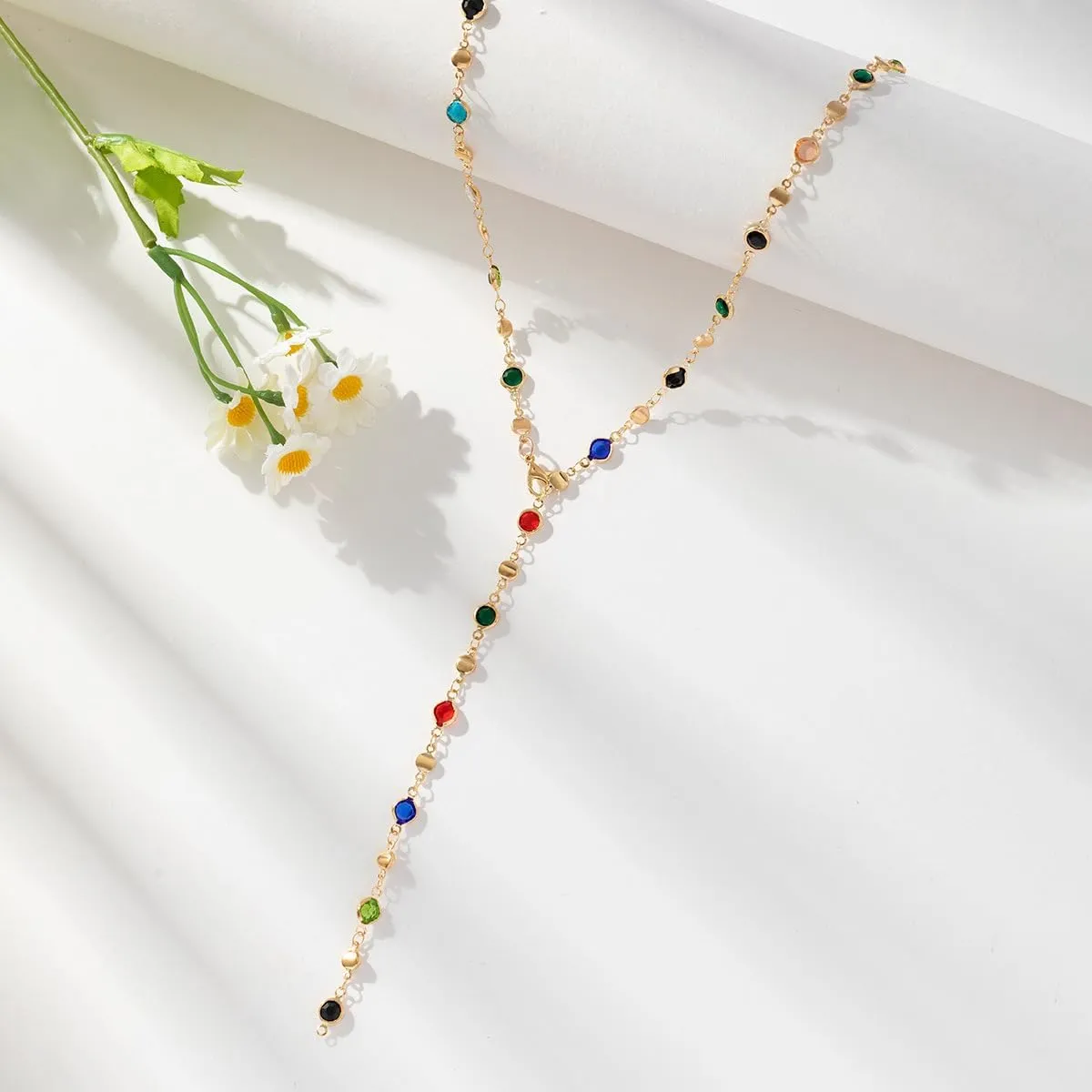 Rhinestone Long Chest Chain Y Necklace for Women Colorful Bead Crystal Chest Body Chain Y necklaces Jewelry