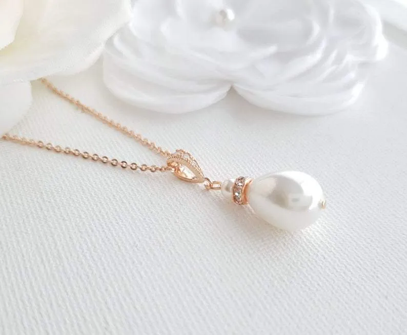 Simple Teardrop Pearl Wedding Necklace For Brides & Bridesmaids- Penelope