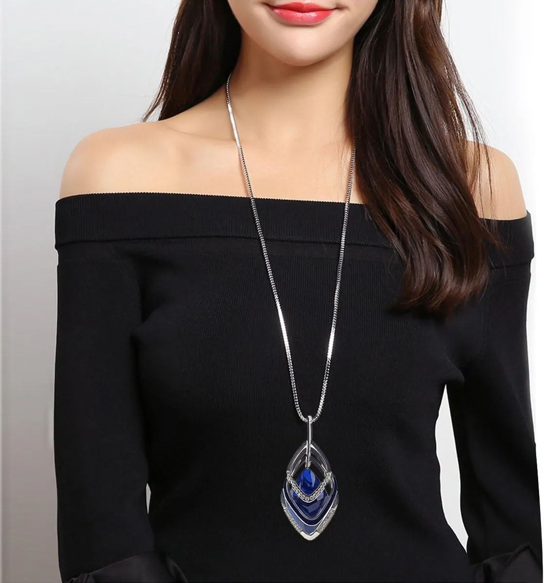 Solid Long Sweater Necklaces for Women Elegant Triple Stack Cubic Zirconia Pendant Rhombic Rhinestone Pendant Y Necklaces Fashion Jewelry